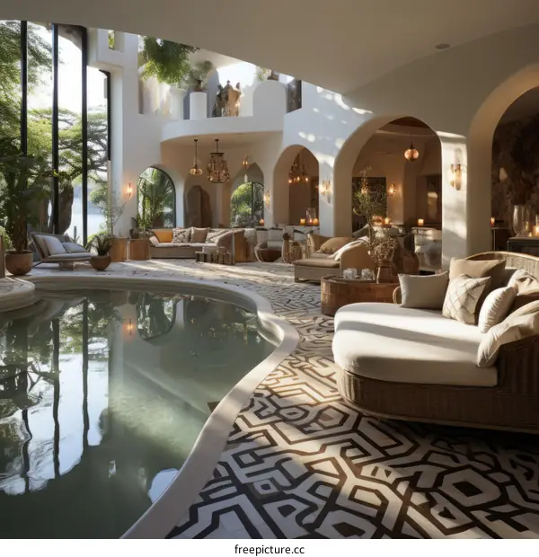 Luxurious indoor pool with white lounge chairs and geometric floor tiles