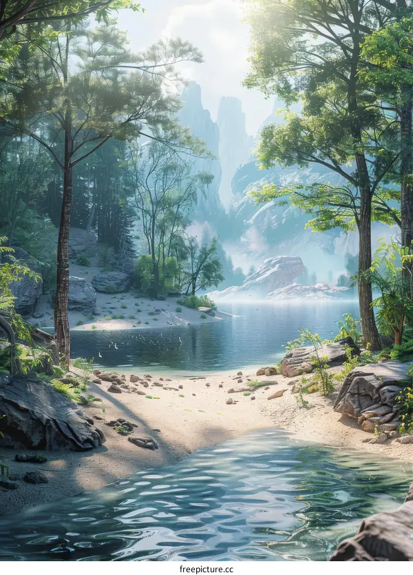 Sunlight Beams Through a Forest and Reflects on a Serene Lake