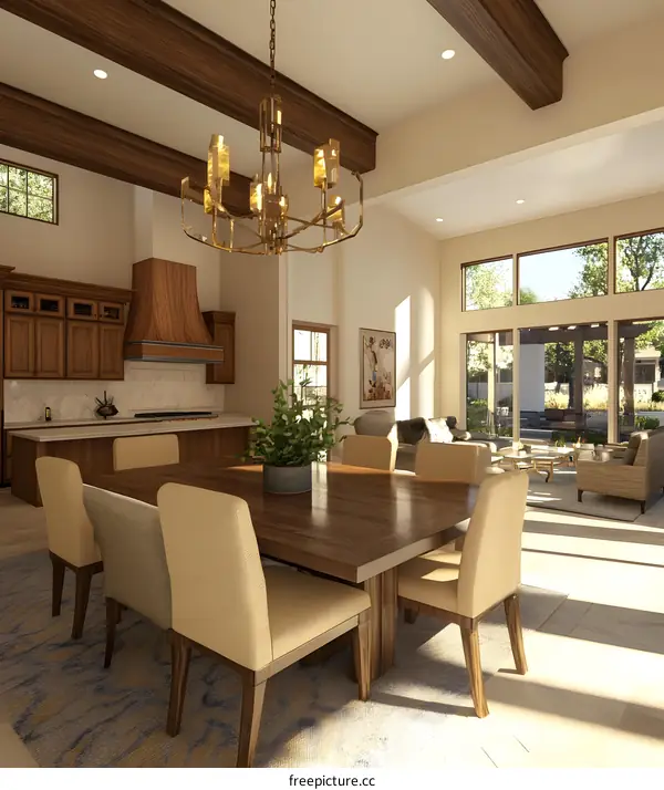 Modern Interior Design with Wooden Beams and Large Windows