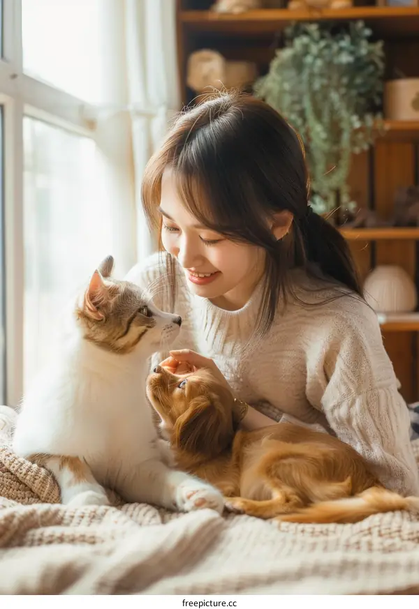 A young woman is sitting on a bed with a cat and a dog.