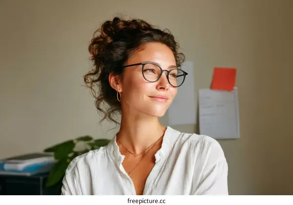 Young woman with curly hair wearing glasses in office setting