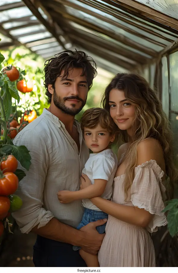 Family Portrait in a Greenhouse with Tomato Plants