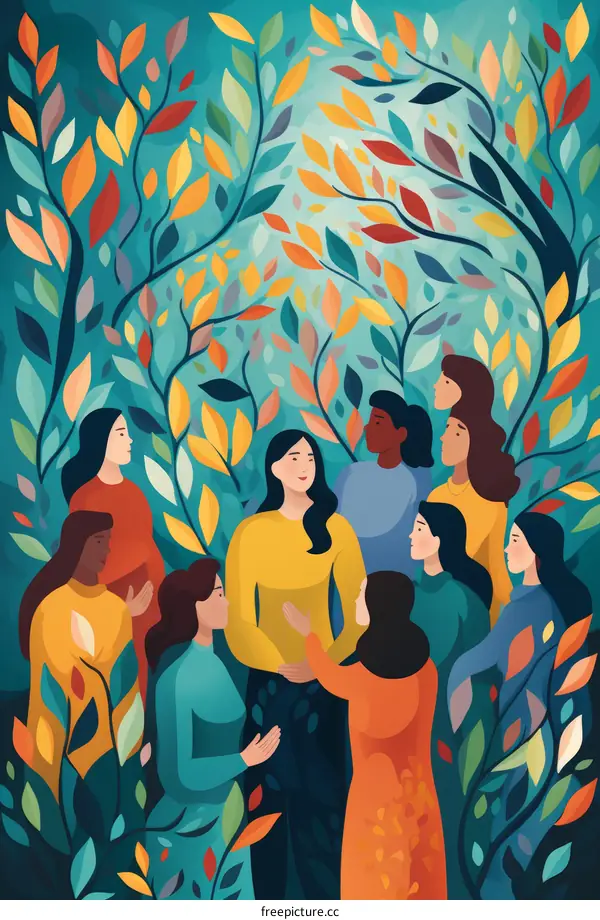 A group of diverse women standing together in a colorful forest