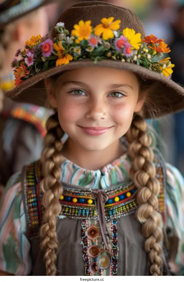 Portrait of a smiling girl wearing a traditional headdress with flowers
