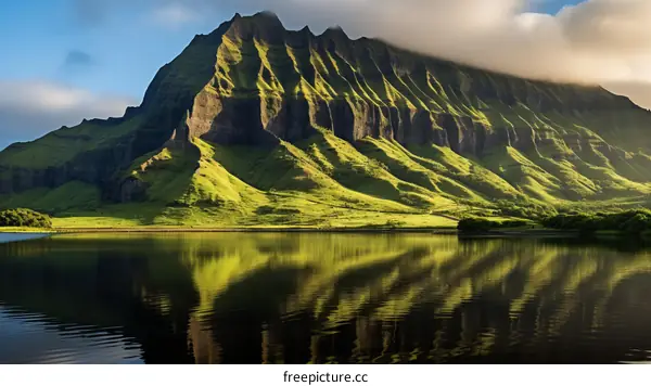 Hawaiian mountain landscape with green valley and lake