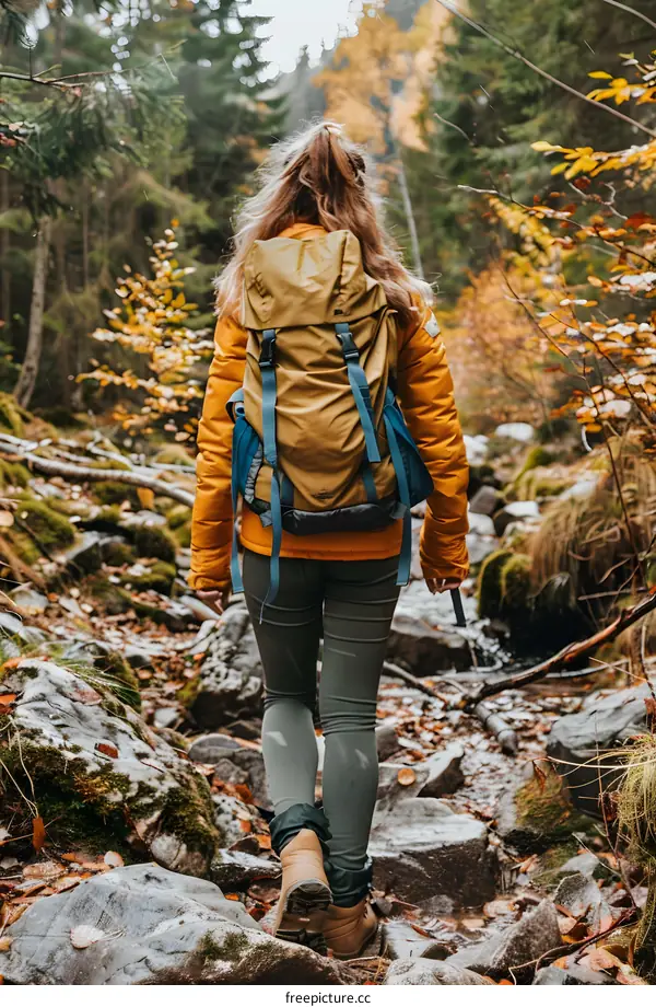 Woman Hiking Through Autumn Forest with Backpack