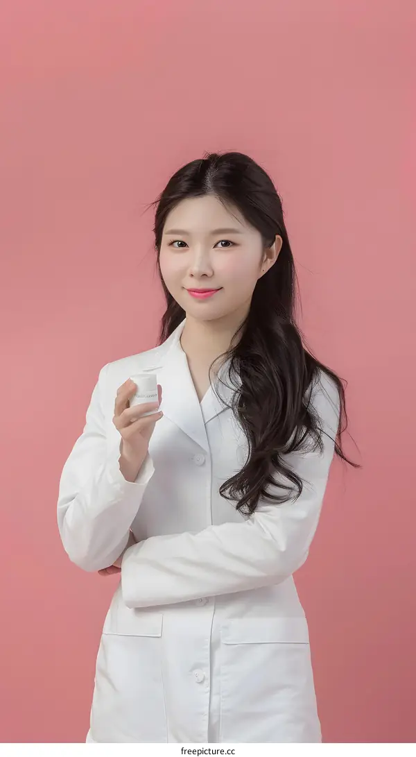 Asian Woman In White Lab Coat Holding Beauty Product