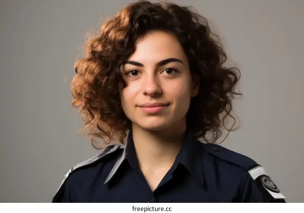 portrait of a young policewoman with curly brown hair in uniform smiling at the camera