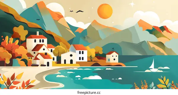 Mountain Village with Sea and Sun Illustration