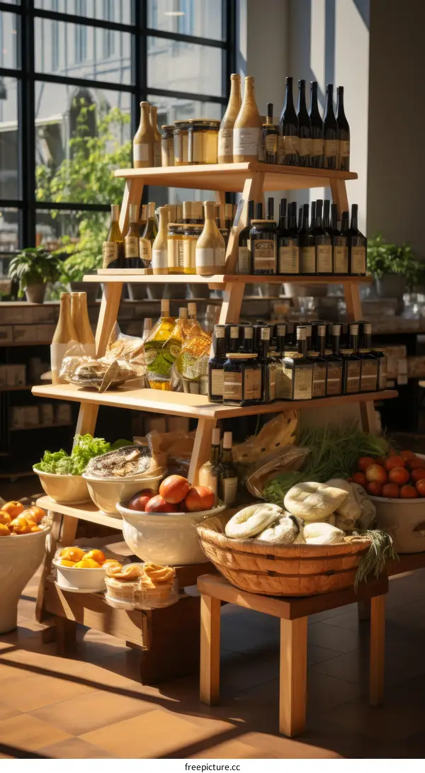 Various Food Items on a Wooden Shelf