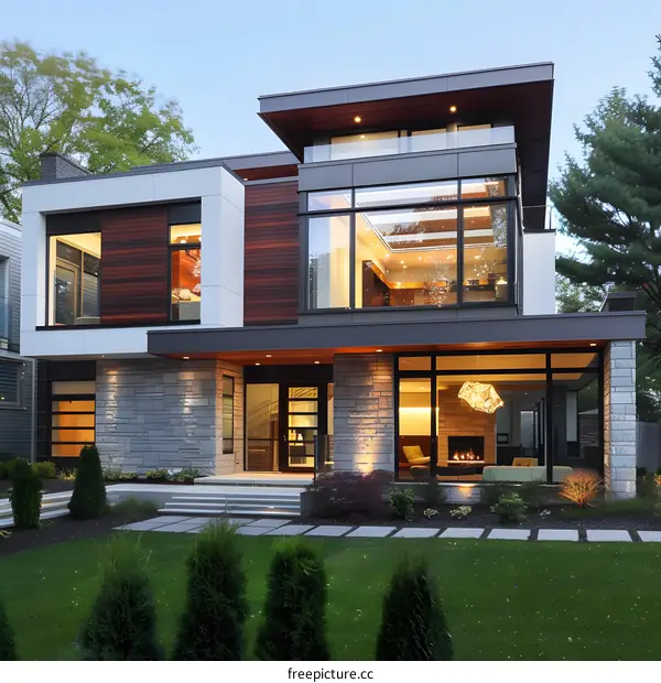 Modern House With Stone Facade And Large Windows