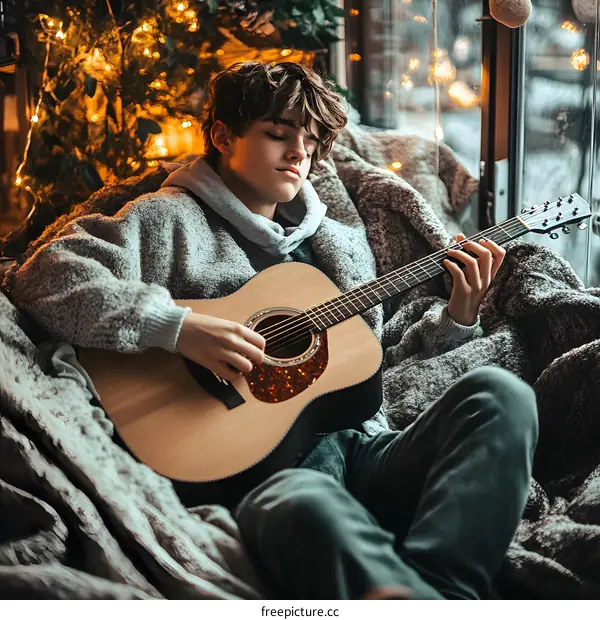Young Man Playing Acoustic Guitar By Window With Christmas Tree In Background
