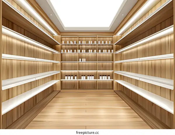 Empty Wooden Shelves In A Modern Retail Store