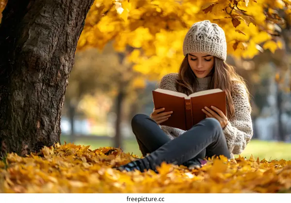 Young Woman Reading Book in Autumn Leaves