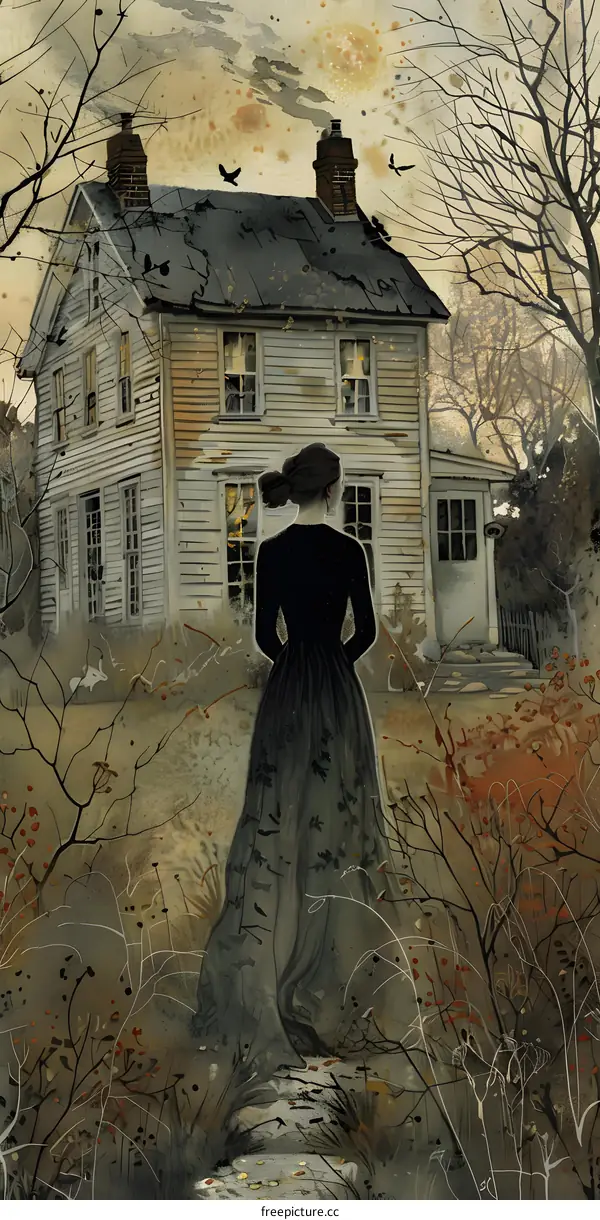 A woman standing in front of a haunted house