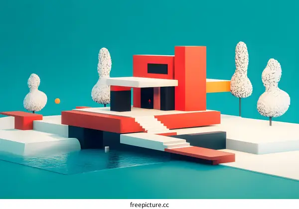 Modernist House Low Poly 3D Illustration