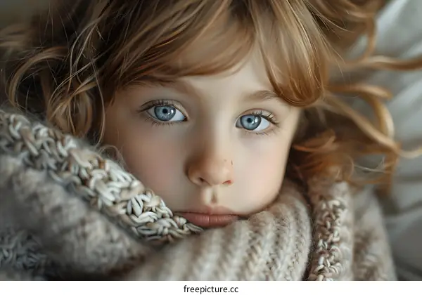 Portrait of a little girl with blue eyes wrapped in a blanket