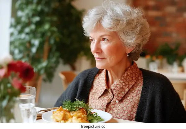 Thoughtful Senior Woman Dining Alone