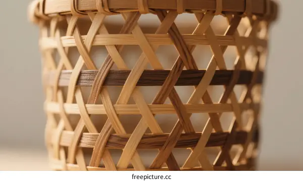 Close-up view of a handcrafted bamboo basket with intricate weaving pattern