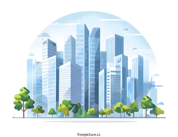 Cityscape Illustration with Tall Buildings and Trees
