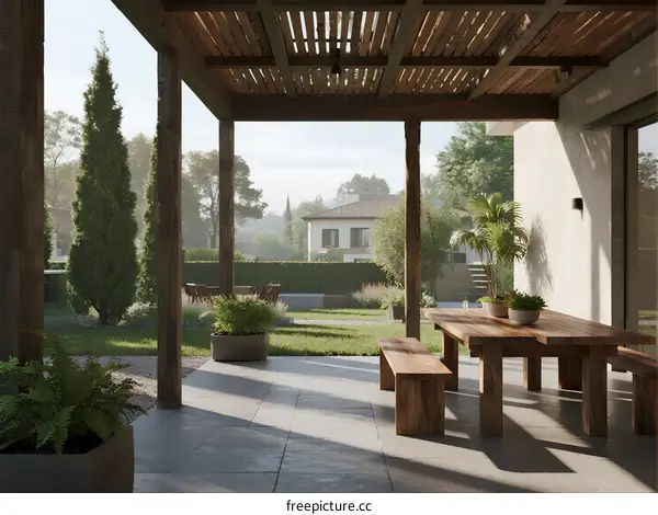 Modern wooden patio with outdoor furniture and green plants