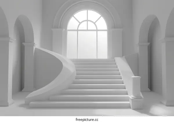 White minimalist architecture with stairs and arched windows