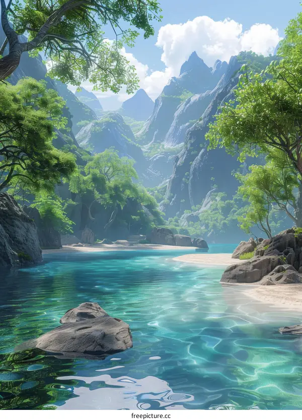 Relaxing Beach of Tropical Island Surrounded by Lush Greenery and Azure Waters