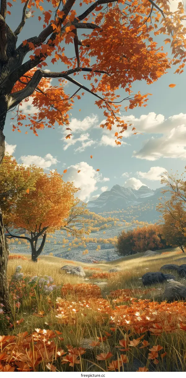 Autumn Landscape with Vibrant Orange Trees and Blue Sky