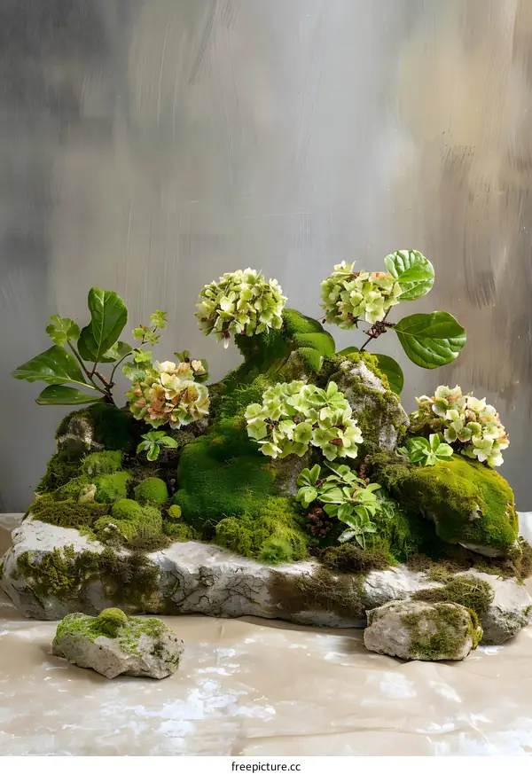 Close Up Of Miniature Garden With Moss And Green Plants