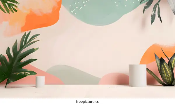 Minimalist Abstract Background with White Cylinders and Green Leaves