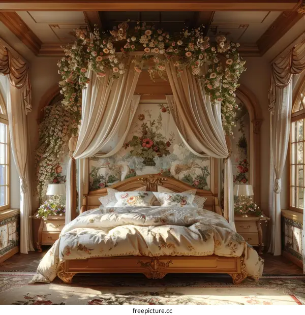 Elegant and Floral Canopy Bed in a Sunlit Room
