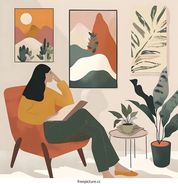Woman Sitting in Chair Reading Book with Abstract Artwork on the Wall