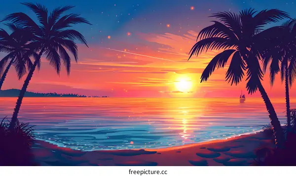 Tropical Sunset Landscape with Palm Trees on Beach