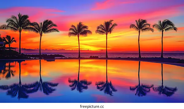 Vibrant Sunset Reflections Over Tropical Pool