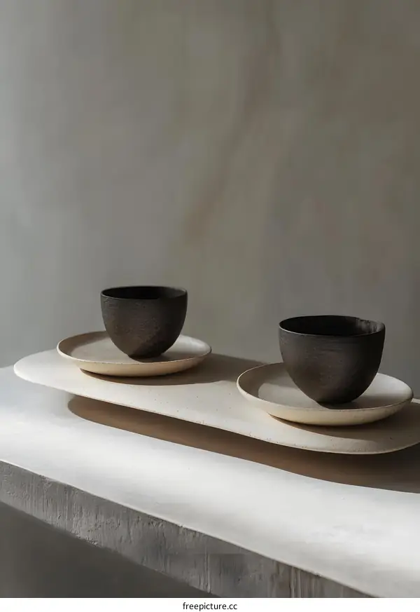 Minimalist Ceramic Bowls on White Tray