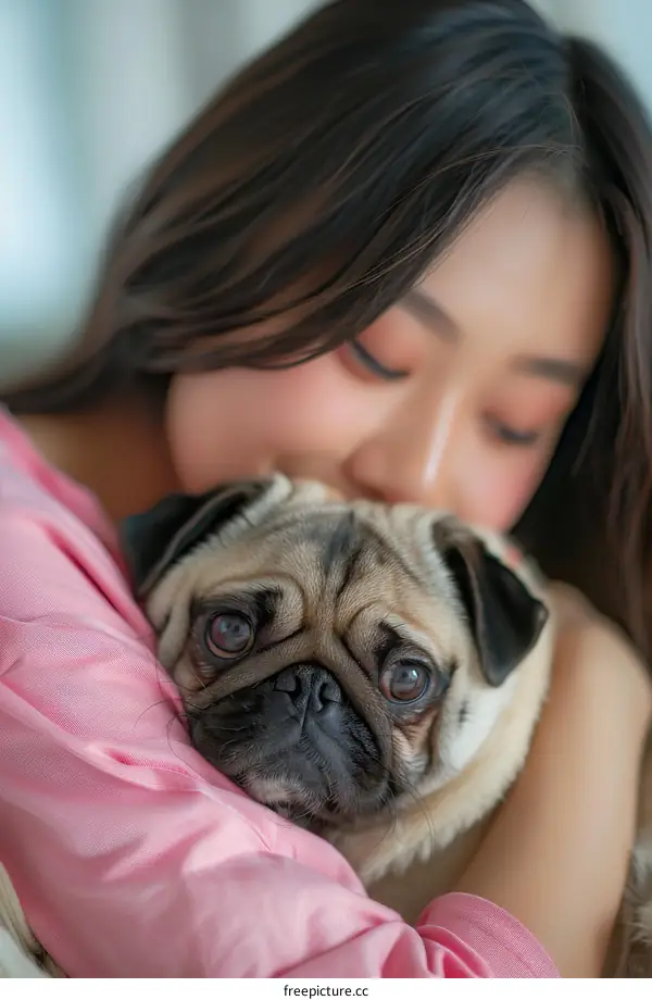 pug dog being embraced by a woman