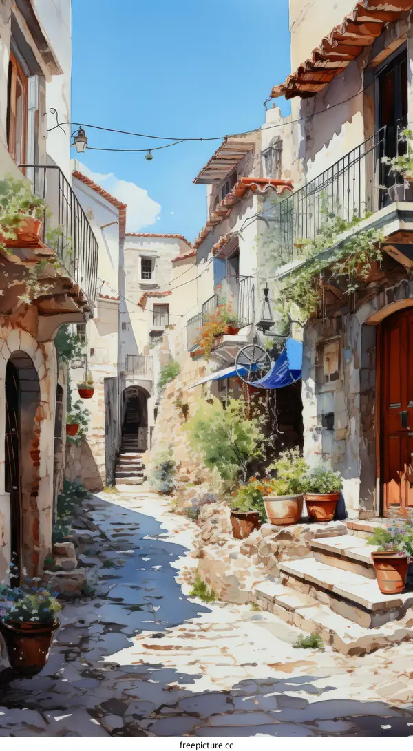 A narrow street with stone buildings and colorful flowers