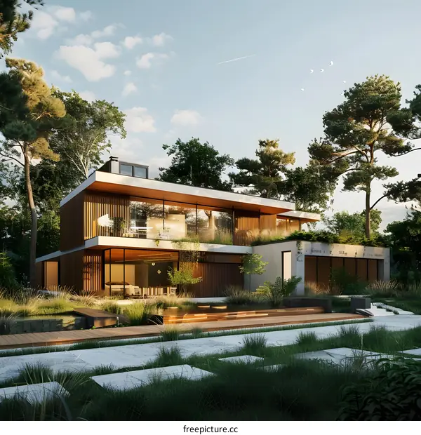 Modern House Design with Wooden Exterior and Lush Greenery