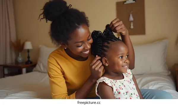 African American Mother Braiding Her Daughter Hair in Bedroom