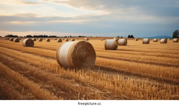 Round Hay Bales in Field Under Stormy Sky