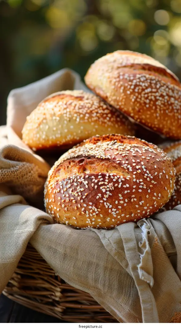 Freshly baked bread rolls with sesame seeds in a basket