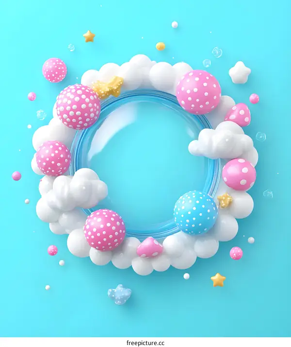 Blue Circle Frame with White Clouds and Polka Dot Balls