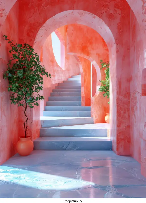 Colorful Interior Stairway Design with Arches