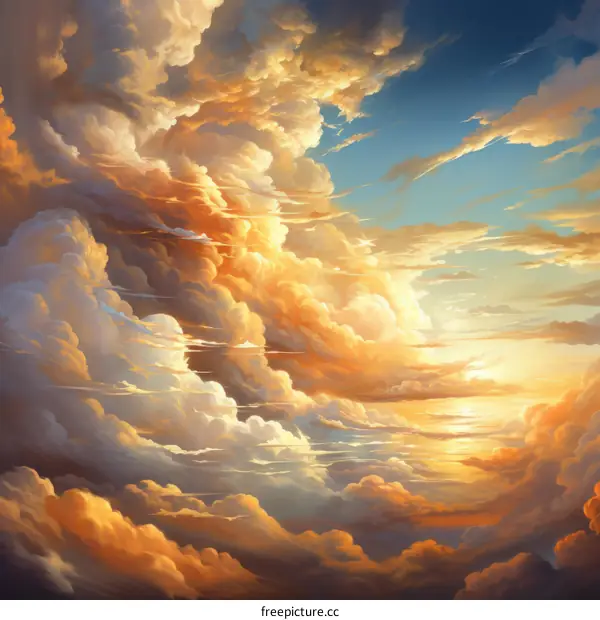A beautiful painting of a sunset over the clouds
