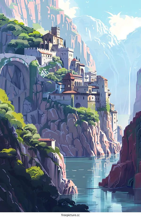 Cliffside Village Illustration with Buildings and Water