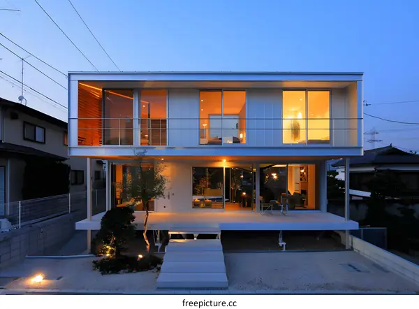 Modern Two Story House with Large Windows and Balcony