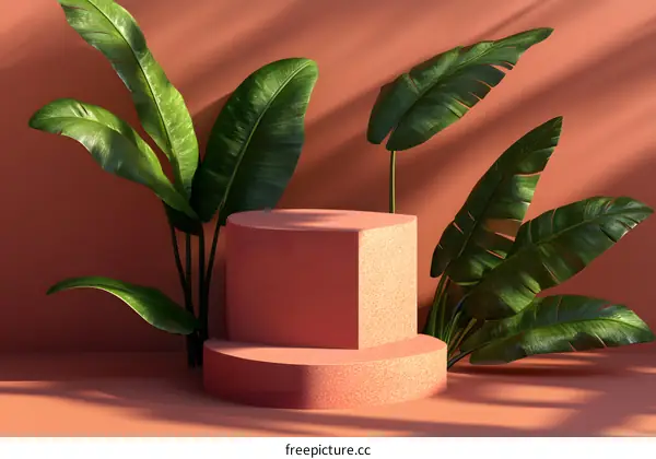 Minimalist Product Display with Green Leaves on Orange Background