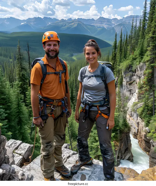 Two people standing on a rock in front of a waterfall