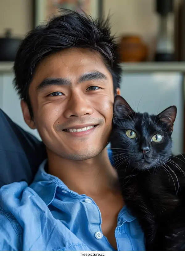 A young Asian man and his black cat are sitting on a couch and looking at the camera.