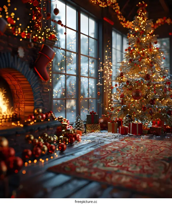 Exquisitely decorated Christmas tree by the fireplace